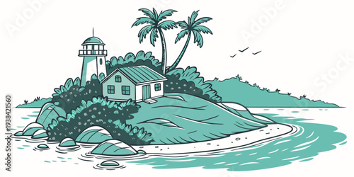 A serene tropical island with palm trees and a winding river Vector