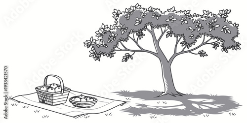 A serene scene of a person relaxing under the shade of a large tree by the water Vector
