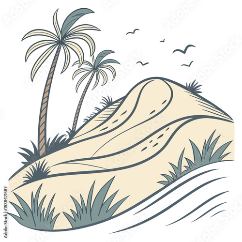 A serene beach scene with palm trees and gentle waves under a clear sky. Vector