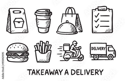 Hand-drawn illustrations showing food delivery elements including a burger, fries, bag, scooter, and delivery truck, perfect for websites and ads.