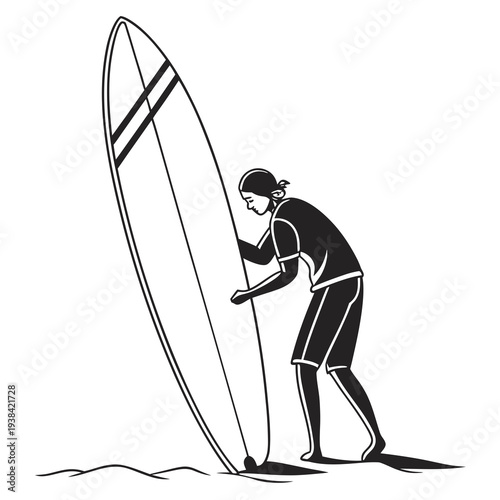 A surfer in a wetsuit preparing his surfboard on the beach Vector