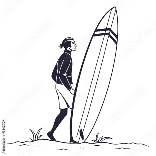 A person carrying a surfboard on a beach with a calm ocean in the background Vector