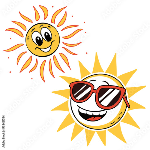 Two cheerful suns with faces and sunglasses enjoying a bright day Vector