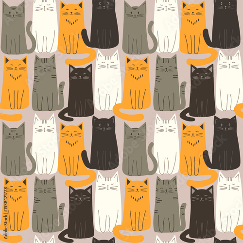 Seamless pattern with cartoon cats in orange, black, white, and gray