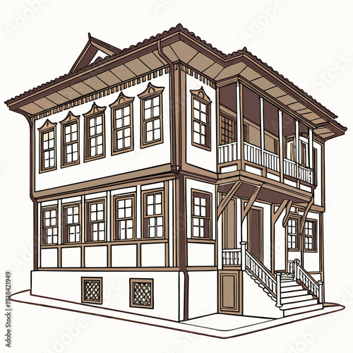 A charming three-story building with a unique architectural design and a welcoming entrance. Vector