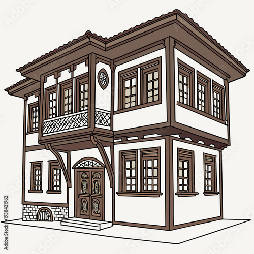 A charming two-story house with a unique architectural design and large windows Vector