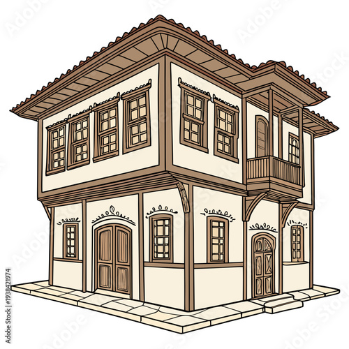 A charming two-story house with a red-tiled roof and white walls Vector