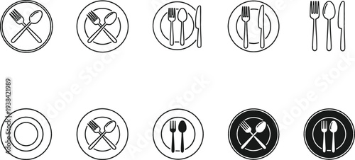 Restaurant Dining and Tableware Outline Icon Set with Plate Fork Spoon Cutlery Food Service Line Art Vector Collection