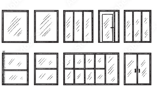 A set of hand-drawn vector icons of different window and door styles, in black lines on a white background, perfect for architectural design, and renovation projects.