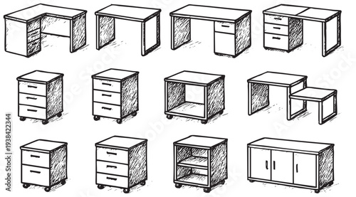Set of sketched office furniture, including desks, filing cabinets, and storage units, presented in a clean, black-and-white hand-drawn style on a white background. Perfect for design mockups.