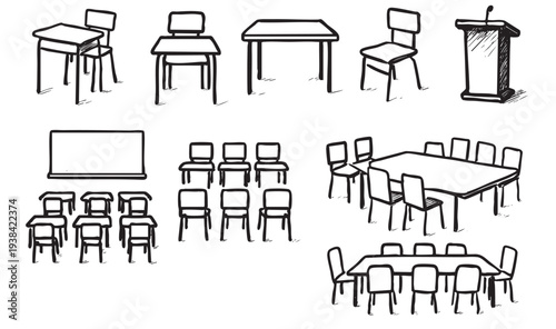 Hand-drawn illustration of various conference and classroom layouts with tables, chairs, and a podium. Black and white sketch style with rough lines.
