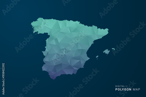 Spain Map - Polygon Style Vector Illustration with Teal Blue Gradient, Low Poly Geometric Design, Digital and Technology Inspired, Clean Silhouette on Dark Background.