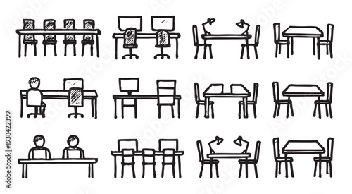 Black and white doodle illustration shows arrangement of tables, chairs, desks, and people, useful for office and collaboration concepts.