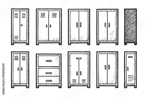 Hand-drawn vector illustration featuring an array of black and white lockers and cabinets, perfect for design projects, graphics and backgrounds.