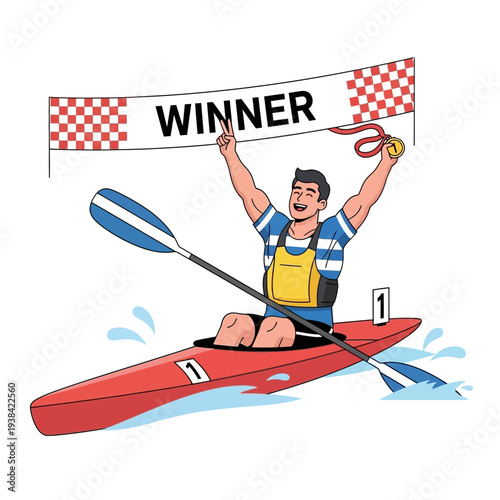 Kayaking Winner Celebrating Victory With Gold Medal and Trophy