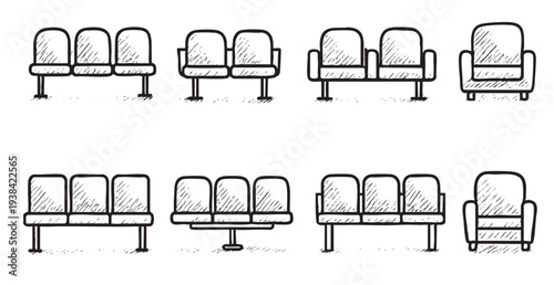 A sketch illustration on a white background showcases various seating arrangements, including chairs and benches, rendered in a simple, hand-drawn style. Perfect for minimalist designs.