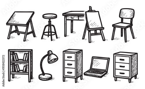 This is a hand drawn illustration of a set of various office furniture on a white background, ideal for design projects, icons, or background element.