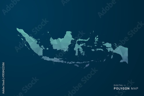Indonesia Map - Polygon Style Vector Illustration with Teal Blue Gradient, Low Poly Geometric Design, Digital and Technology Inspired, Clean Silhouette on Dark Background.