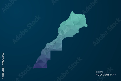 Morocco Map - Polygon Style Vector Illustration with Teal Blue Gradient, Low Poly Geometric Design, Digital and Technology Inspired, Clean Silhouette on Dark Background.