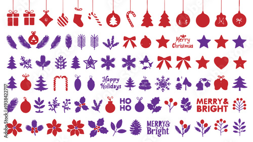 A festive collection of holiday icons including Christmas trees, stars, snowflakes, and joyful greetings for your seasonal designs
