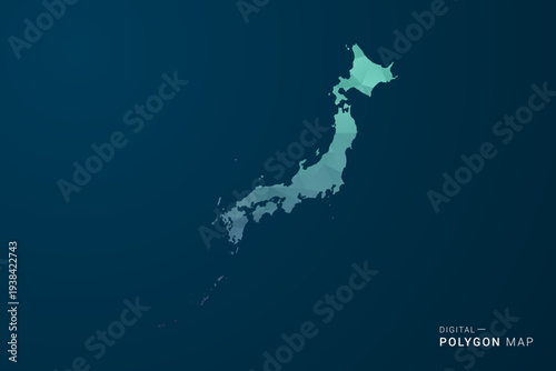 Japan Map - Polygon Style Vector Illustration with Teal Blue Gradient, Low Poly Geometric Design, Digital and Technology Inspired, Clean Silhouette on Dark Background.