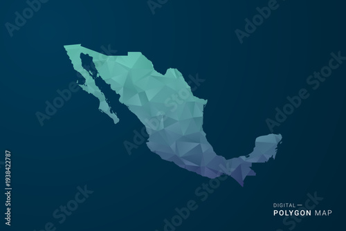 Mexico Map - Polygon Style Vector Illustration with Teal Blue Gradient, Low Poly Geometric Design, Digital and Technology Inspired, Clean Silhouette on Dark Background.