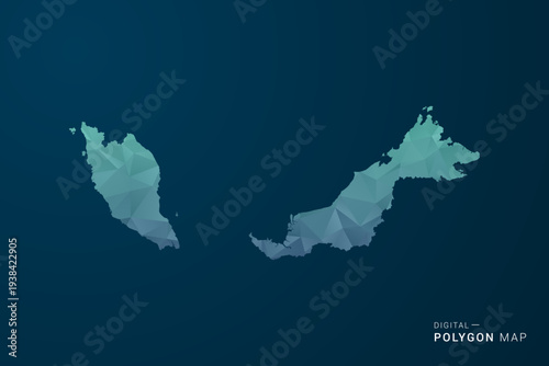 Malaysia Map - Polygon Style Vector Illustration with Teal Blue Gradient, Low Poly Geometric Design, Digital and Technology Inspired, Clean Silhouette on Dark Background.
