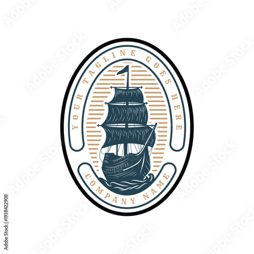 Vintage Sailing Ship Logo Badge For Nautical Maritime Brand