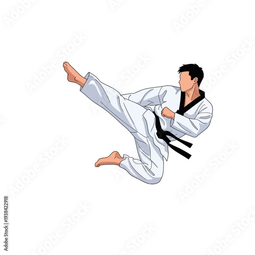 Martial Artist Performing High Kick in Taekwondo Uniform