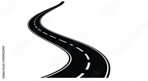 A winding black road with dashed white lane markings against a white background
