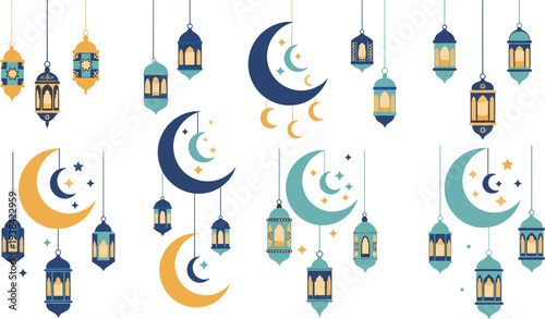 Ramadan Lantern and Crescent Moon Islamic Decoration Collection Vector Illustration Set for Eid Mubarak Celebration Greeting Card and Muslim Holiday Design