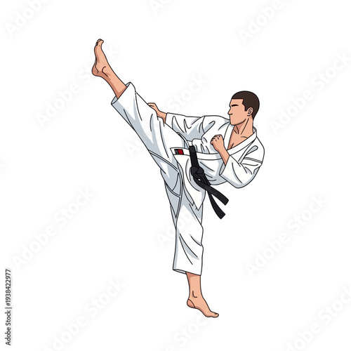 Martial Arts Karate Master Performing High Side Kick in White Gi with Black Belt