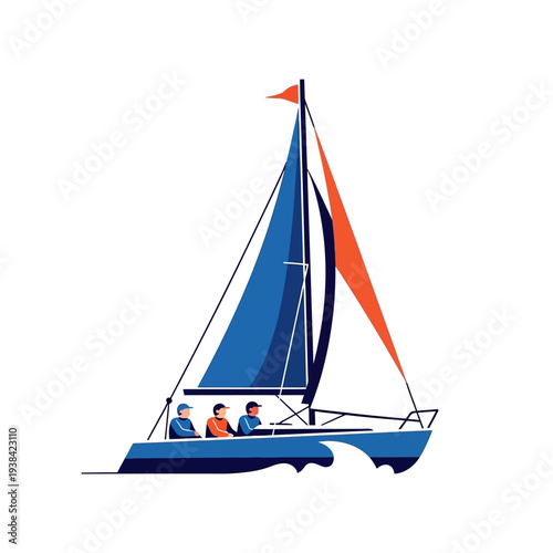 Sailing Yacht with Three People on Board, Blue Sails, Orange Jib, White Background