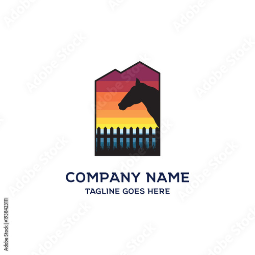 Horse Stable Sunset Silhouette Farm Logo