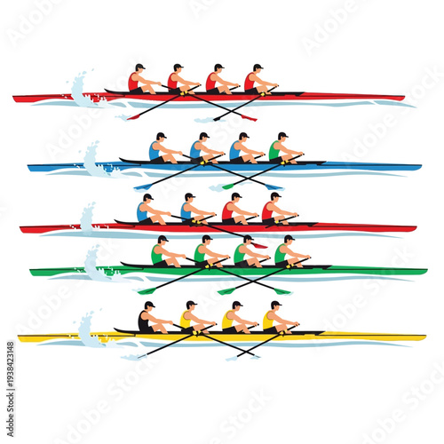 Rowing Race Competition, Teams Rowing in Sync on Water, Sports Illustration