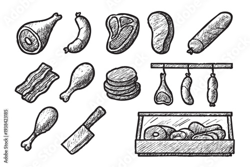 Black and white sketched illustration showcasing a variety of raw meat cuts including ham, sausage, steak, and chicken in a butcher shop display. Vector graphic for food industry use.
