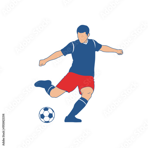 Soccer player kicking ball, dynamic action shot, athlete in blue and red uniform
