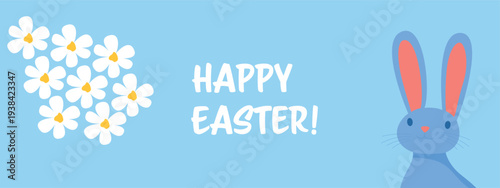 Bunny blue banner happy Easter wallpaper rabbit cute animal poster flyer spring holiday celebration seasonal design template copy space