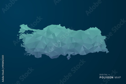 Turkey Map - Polygon Style Vector Illustration with Teal Blue Gradient, Low Poly Geometric Design, Digital and Technology Inspired, Clean Silhouette on Dark Background.
