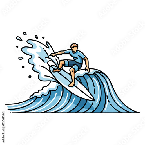 Surfer riding a wave, dynamic action, summer sport, coastal lifestyle, vector illustration