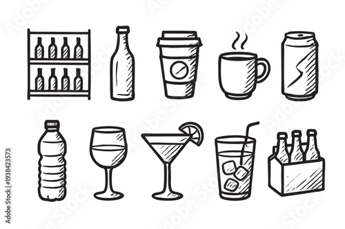 Hand drawn sketch of various drinks, including hot coffee, water bottle, beer bottles, wine, and cocktails, all outlined in black and on a white background.