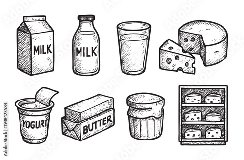 A hand-drawn illustration features a dairy product lineup including milk, yogurt, butter, and cheese, done in a black and white sketch style, perfect for illustrating healthy food topics.