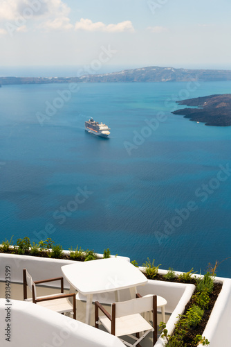 White architecture in Santorini island, Greece. Beautiful terrace with sea view.