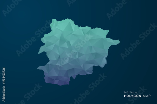 Andorra Map - Polygon Style Vector Illustration with Teal Blue Gradient, Low Poly Geometric Design, Digital and Technology Inspired, Clean Silhouette on Dark Background.