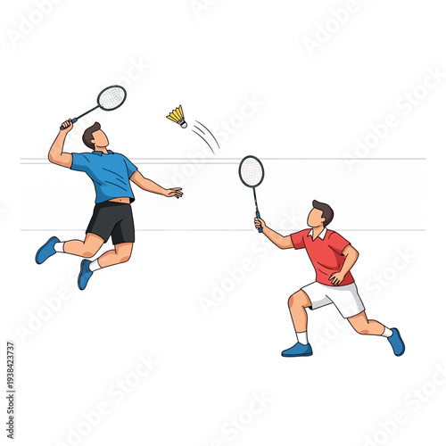 Two men playing badminton, one jumping to smash, the other ready to return