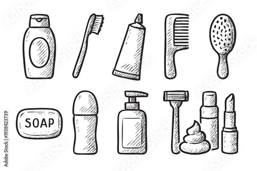 Set of hand-drawn icons of personal care items, including soap, shampoo, toothbrush, toothpaste, razor, and cosmetics, in black and white, ideal for hygiene concepts and beauty topics.