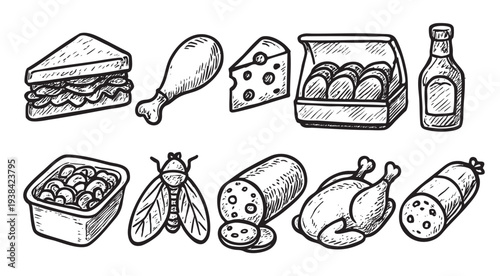 Monochrome illustration featuring food icons like sandwich, chicken, cheese, sausage, and a fly, creating a fun and quirky visual suitable for menu designs or humorous food-related content.