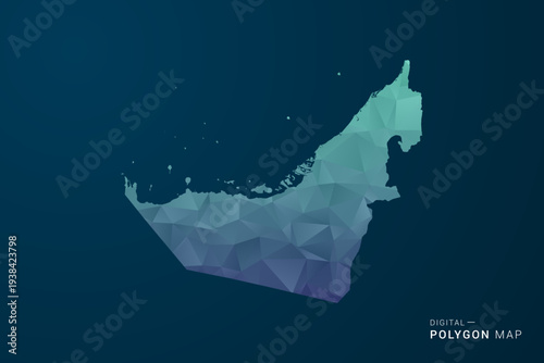 United Arab Emirates Map - Polygon Style Vector Illustration with Teal Blue Gradient, Low Poly Geometric Design, Digital and Technology Inspired, Clean Silhouette on Dark Background.
