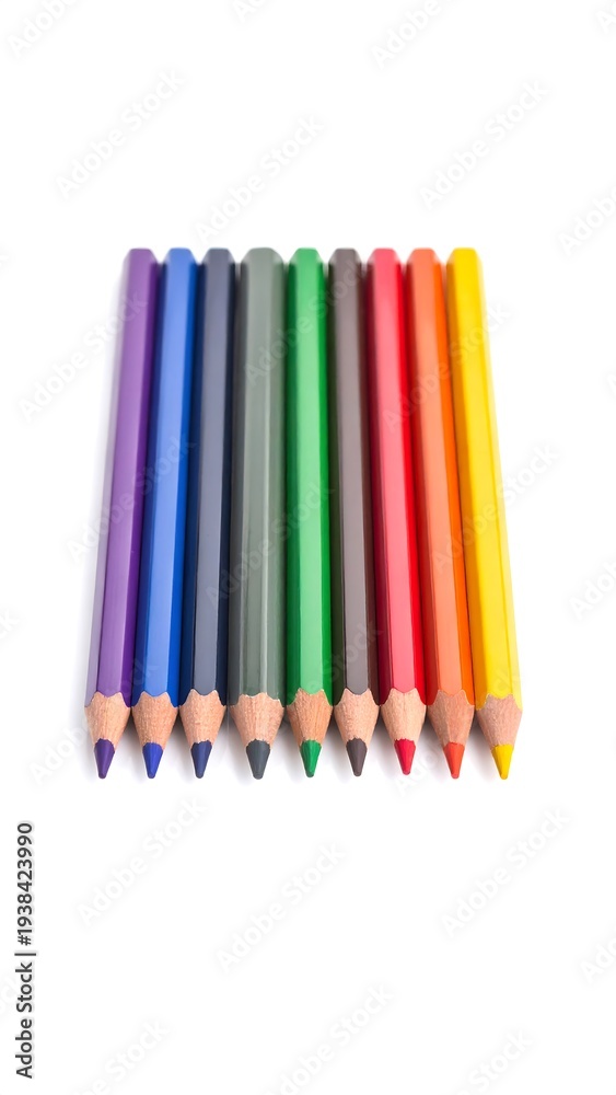 Fototapeta premium Row of colorful sharpened pencils arranged symmetrically on clean white background