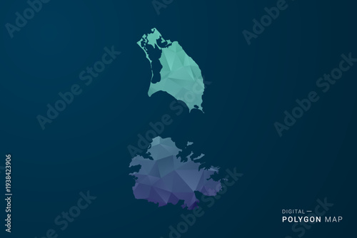 Antigua and Barbuda Map - Polygon Style Vector Illustration with Teal Blue Gradient, Low Poly Geometric Design, Digital and Technology Inspired, Clean Silhouette on Dark Background.